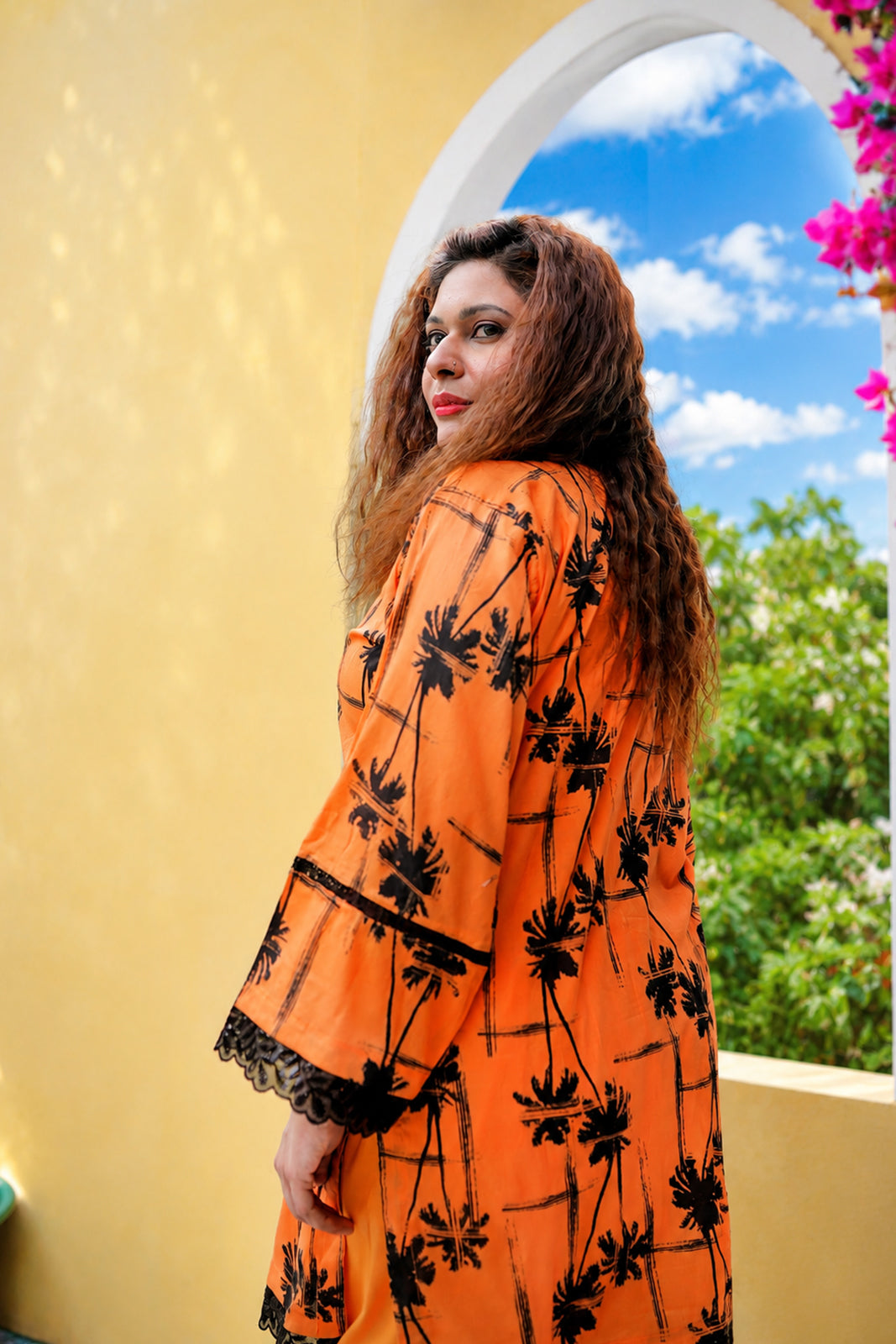 Orange & Black Palm Printed Lawn 3-Piece Ready to Wear Suit