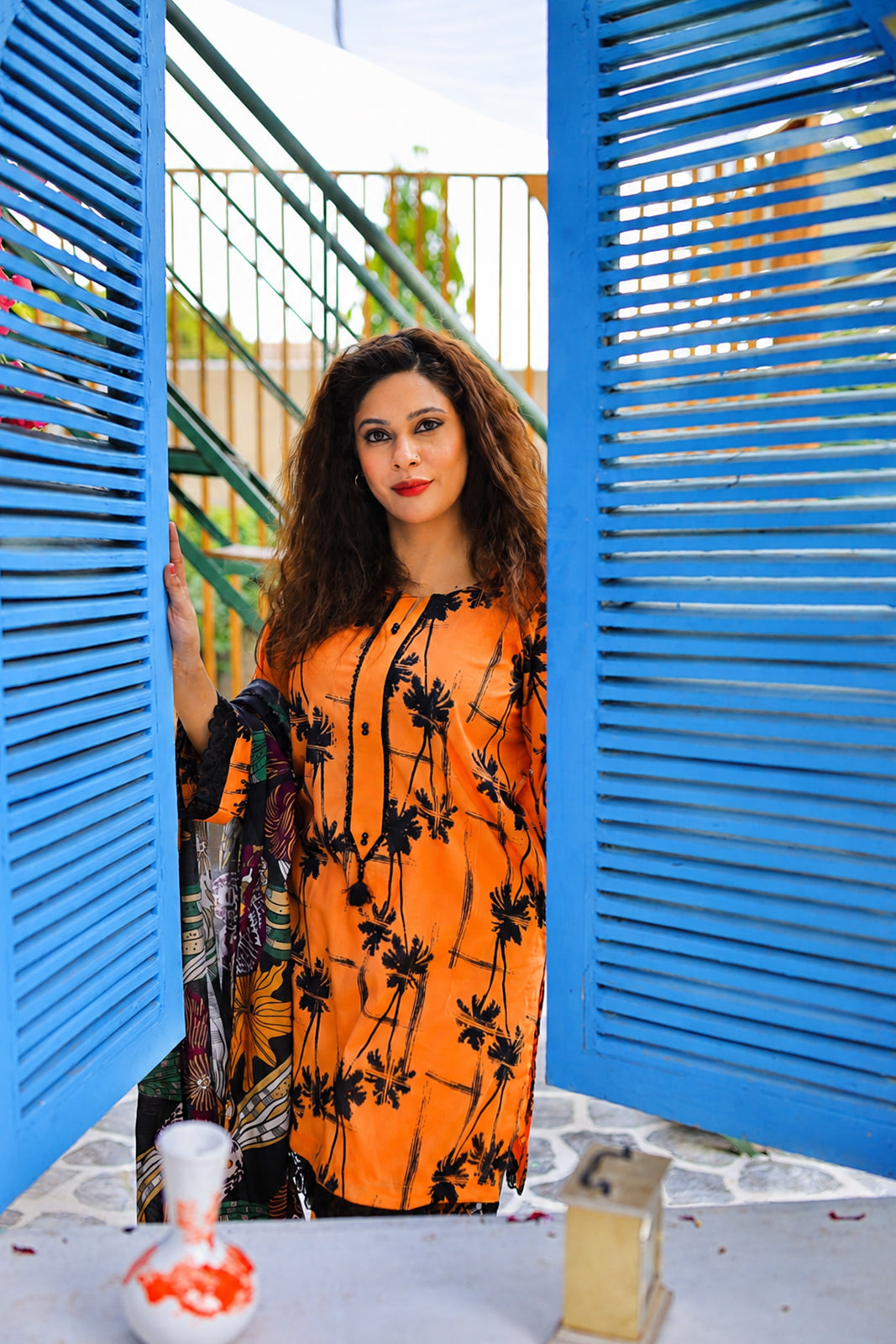 Orange & Black Palm Printed Lawn 3-Piece Ready to Wear Suit