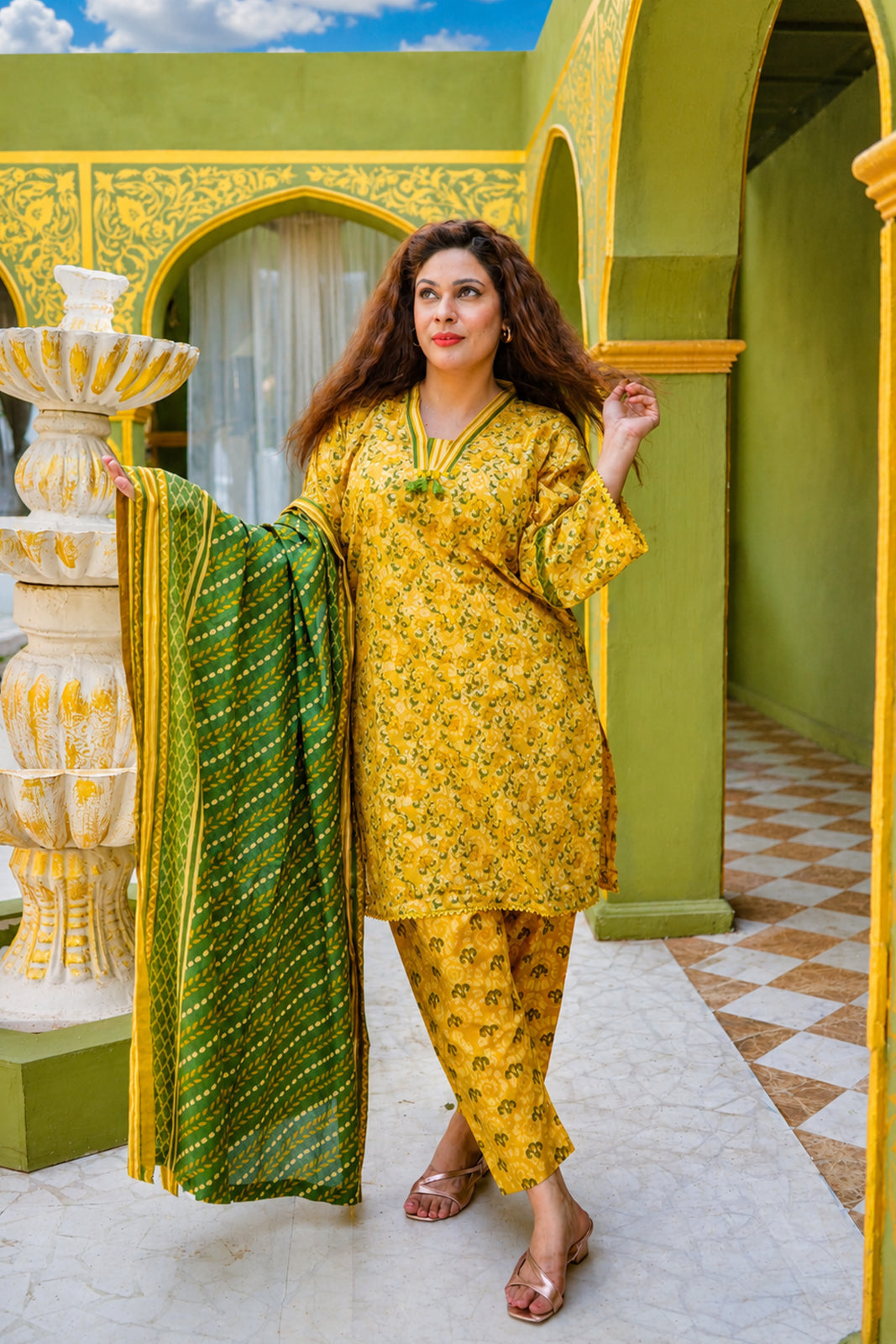 Mustard Yellow Floral Printed Lawn 3-Piece Stitched Suit