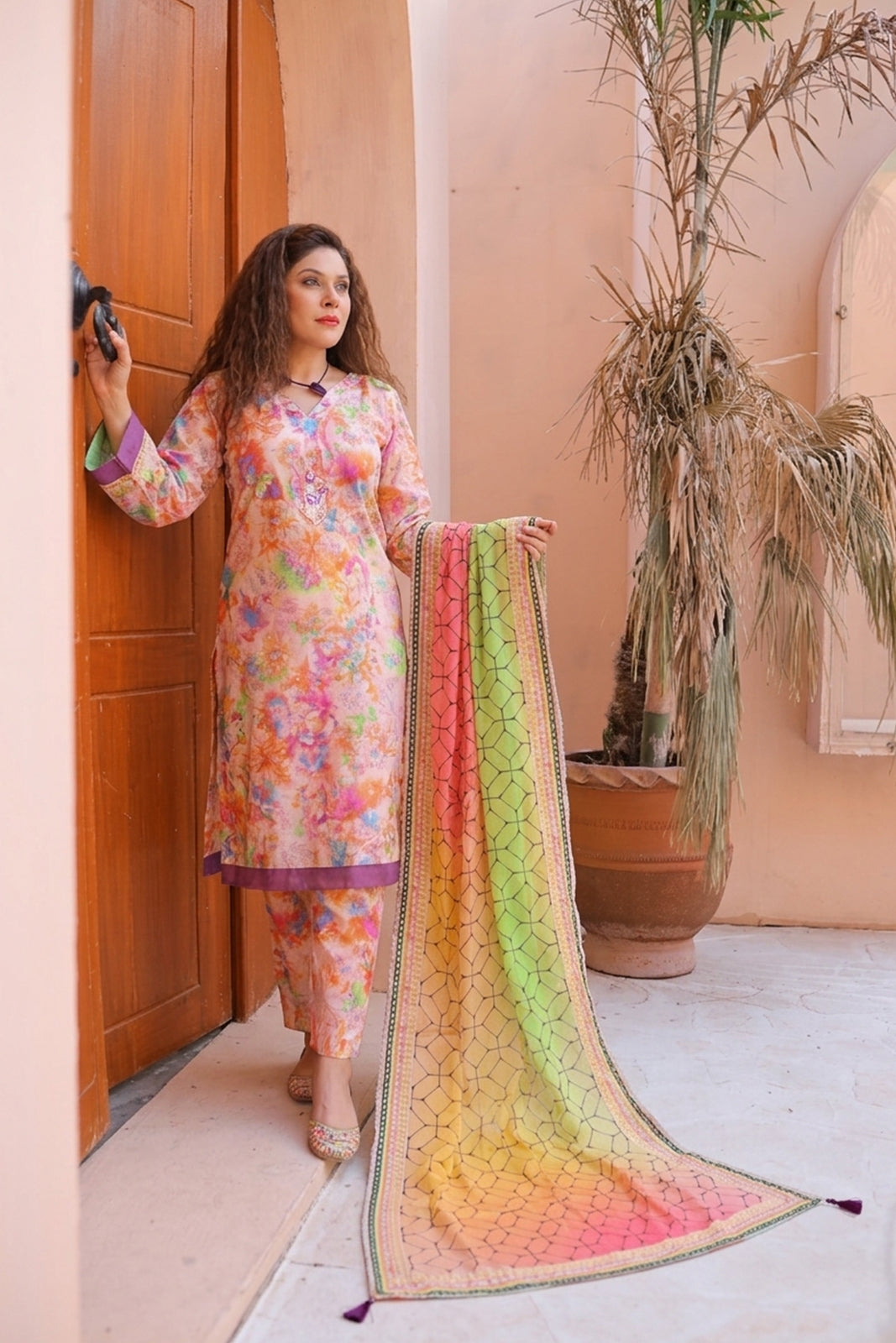 Elegant Peach Floral Printed Lawn 3-Piece Stitched Suit