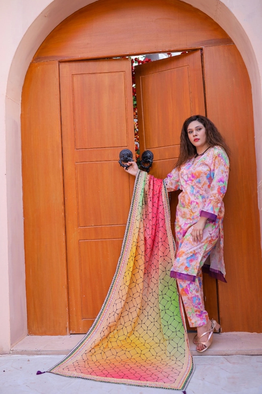 Elegant Peach Floral Printed Lawn 3-Piece Stitched Suit