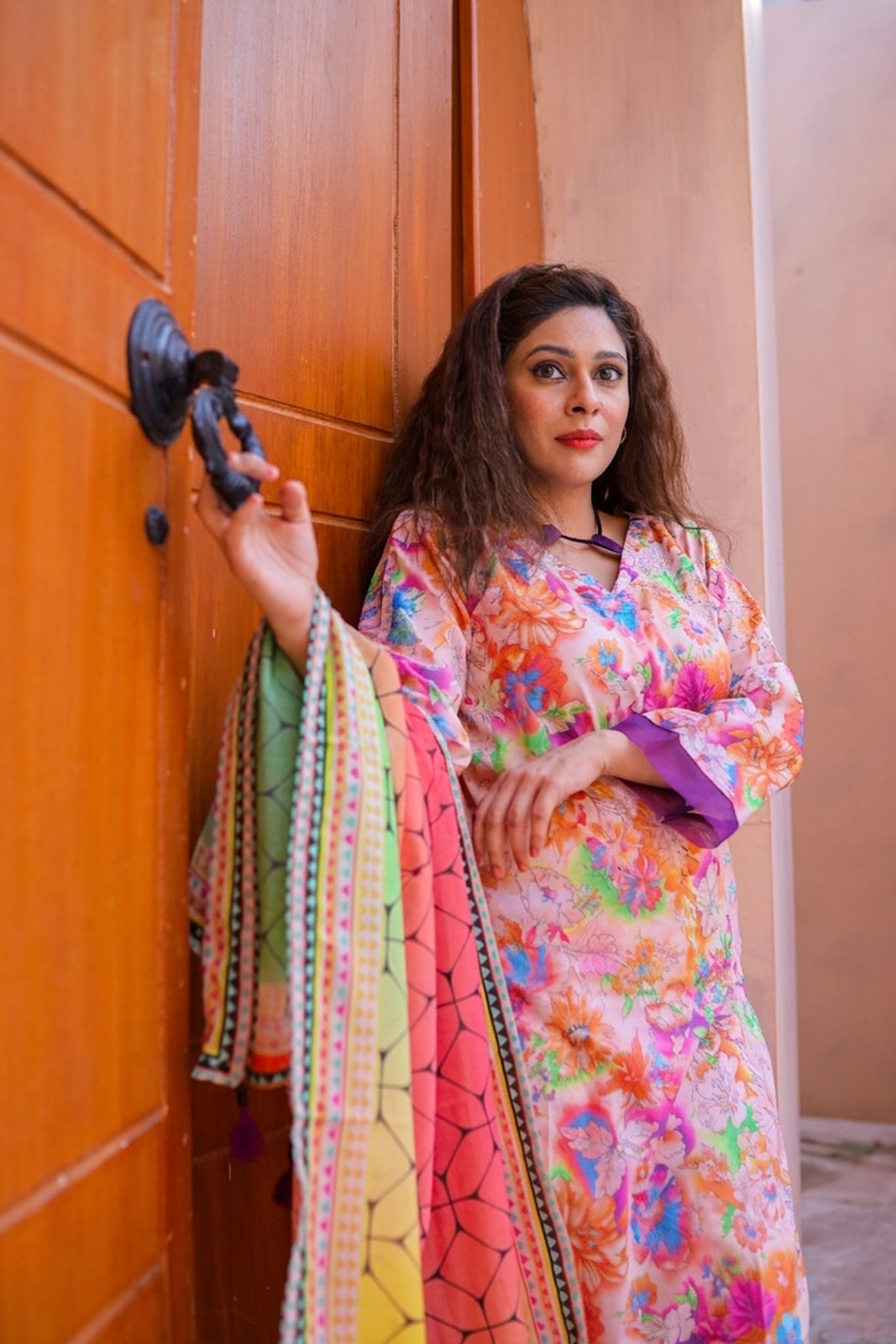 Elegant Peach Floral Printed Lawn 3-Piece Stitched Suit