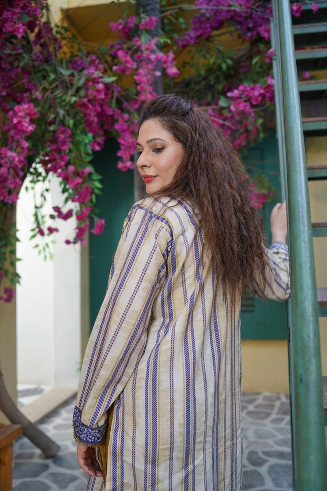 Blue & Cream Striped Lawn 3-Piece Ready to Wear Suit