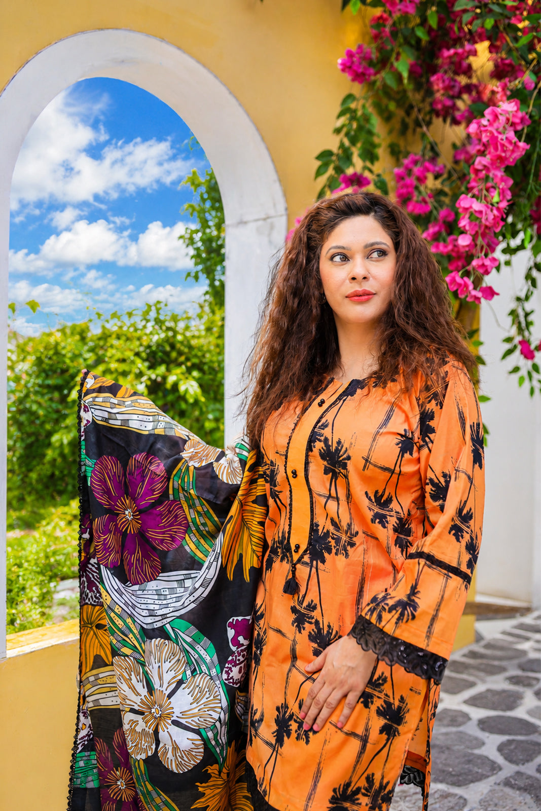 Orange & Black Palm Printed Lawn 3-Piece Ready to Wear Suit