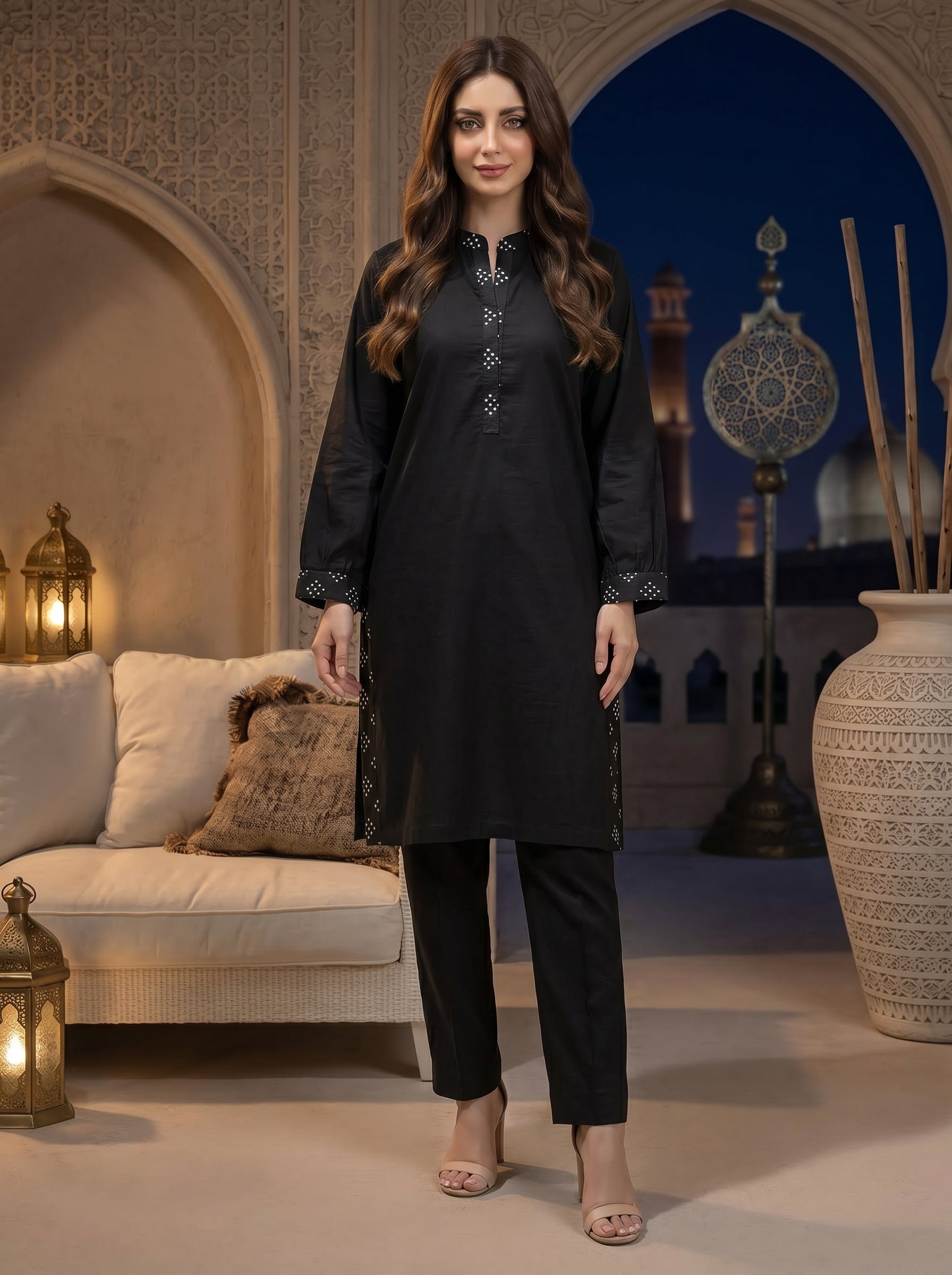 Midnight Minimalist – Plain Black 3-Piece Lawn Suit with Printed Accents