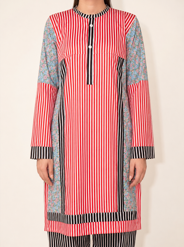 Red Striped Printed 2Pc