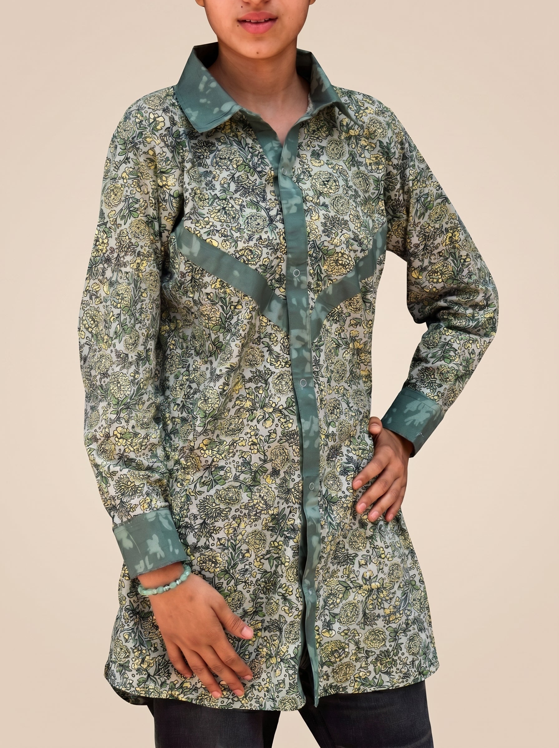 Willow Green Mixed-Media Floral Tunic shirt