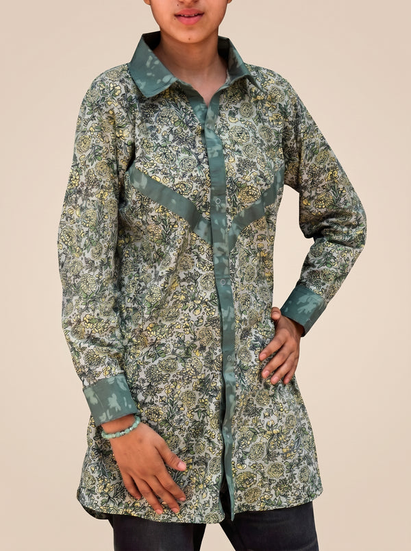 Willow Green Mixed-Media Floral Tunic shirt