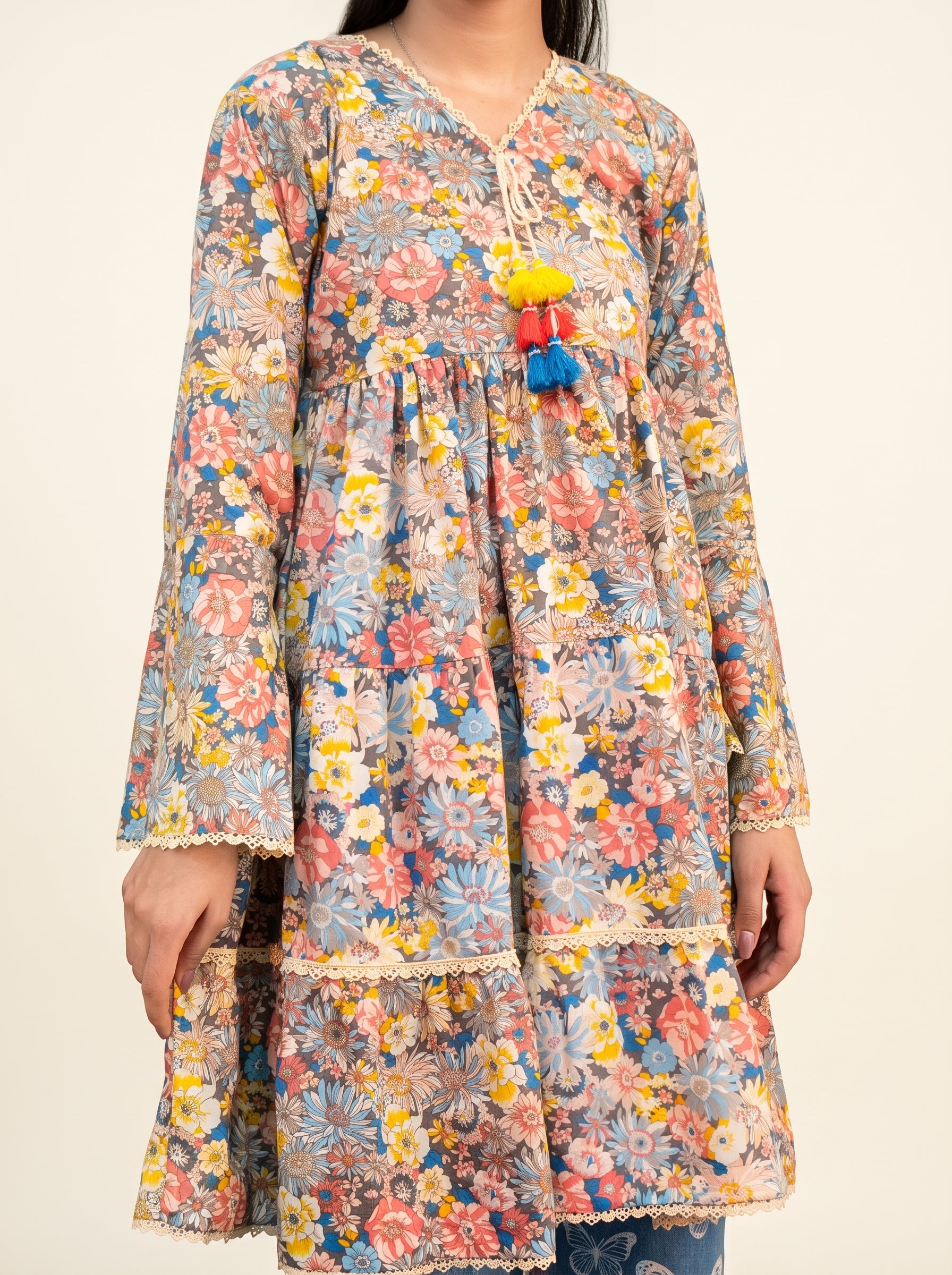 Boho Floral Printed Tiered Short Frock with Tassel Detailing
