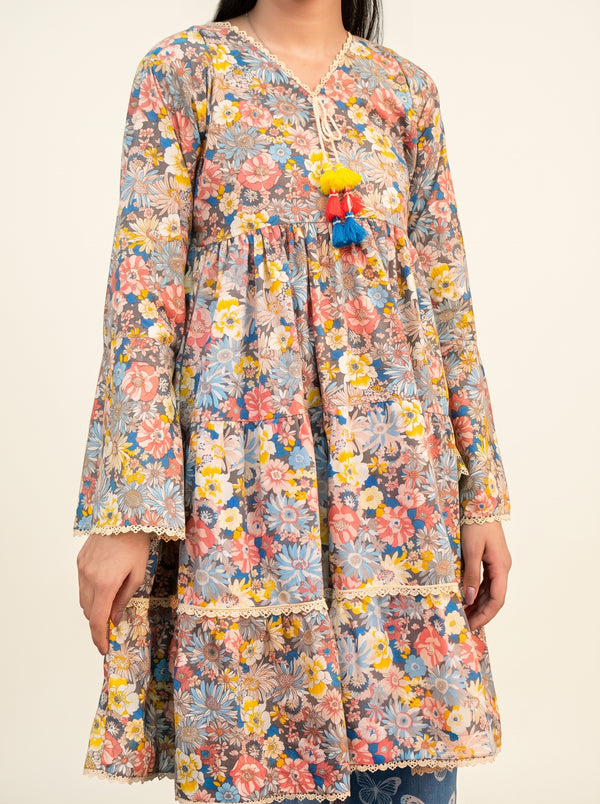 Boho Floral Printed Tiered Short Frock with Tassel Detailing