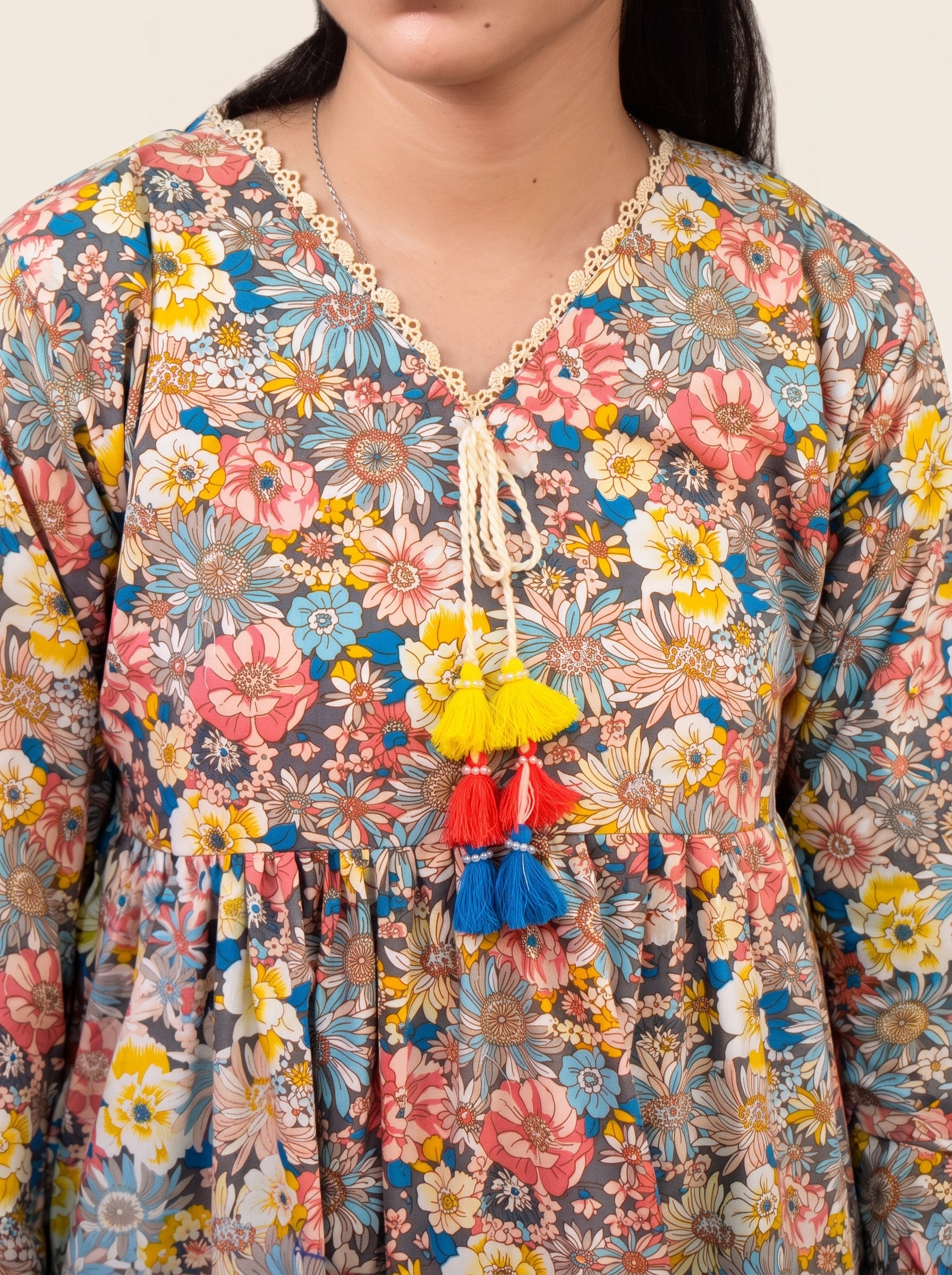 Boho Floral Printed Tiered Short Frock with Tassel Detailing