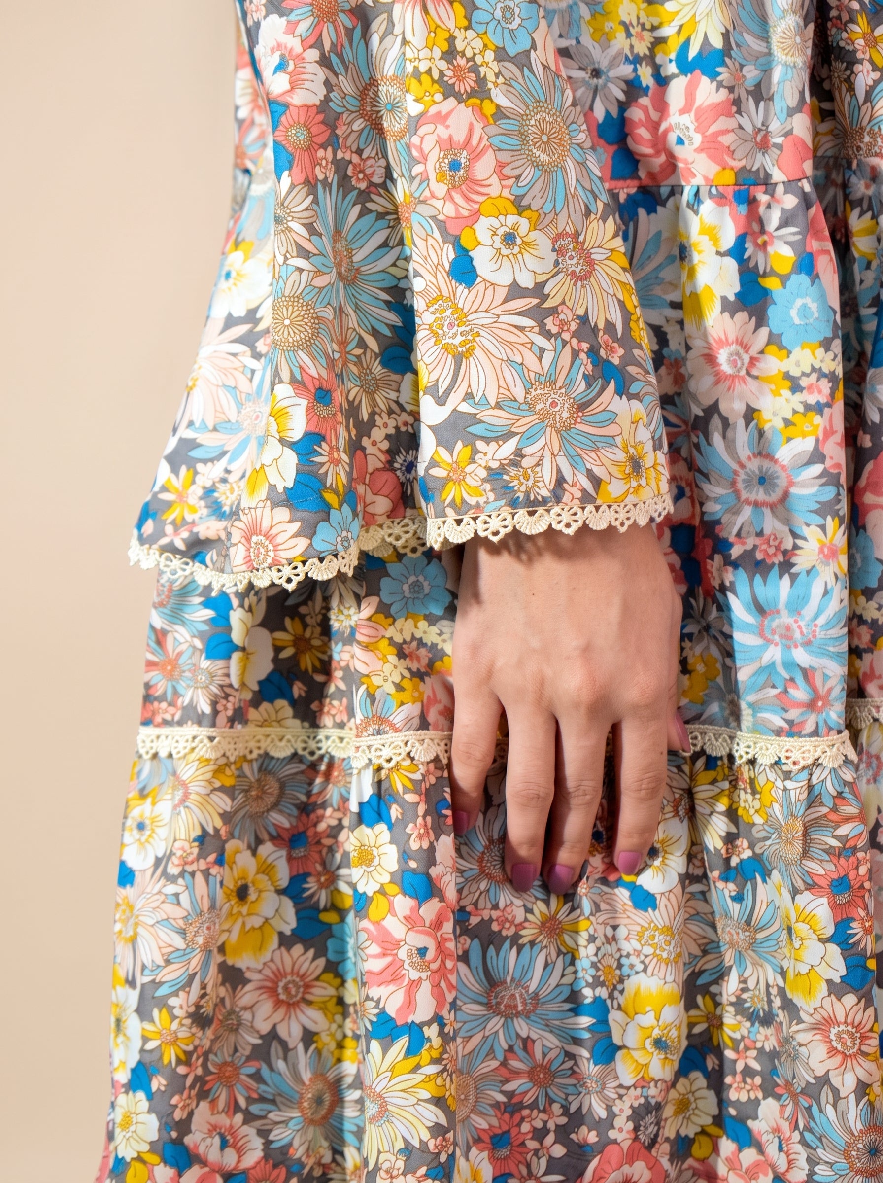 Boho Floral Printed Tiered Short Frock with Tassel Detailing
