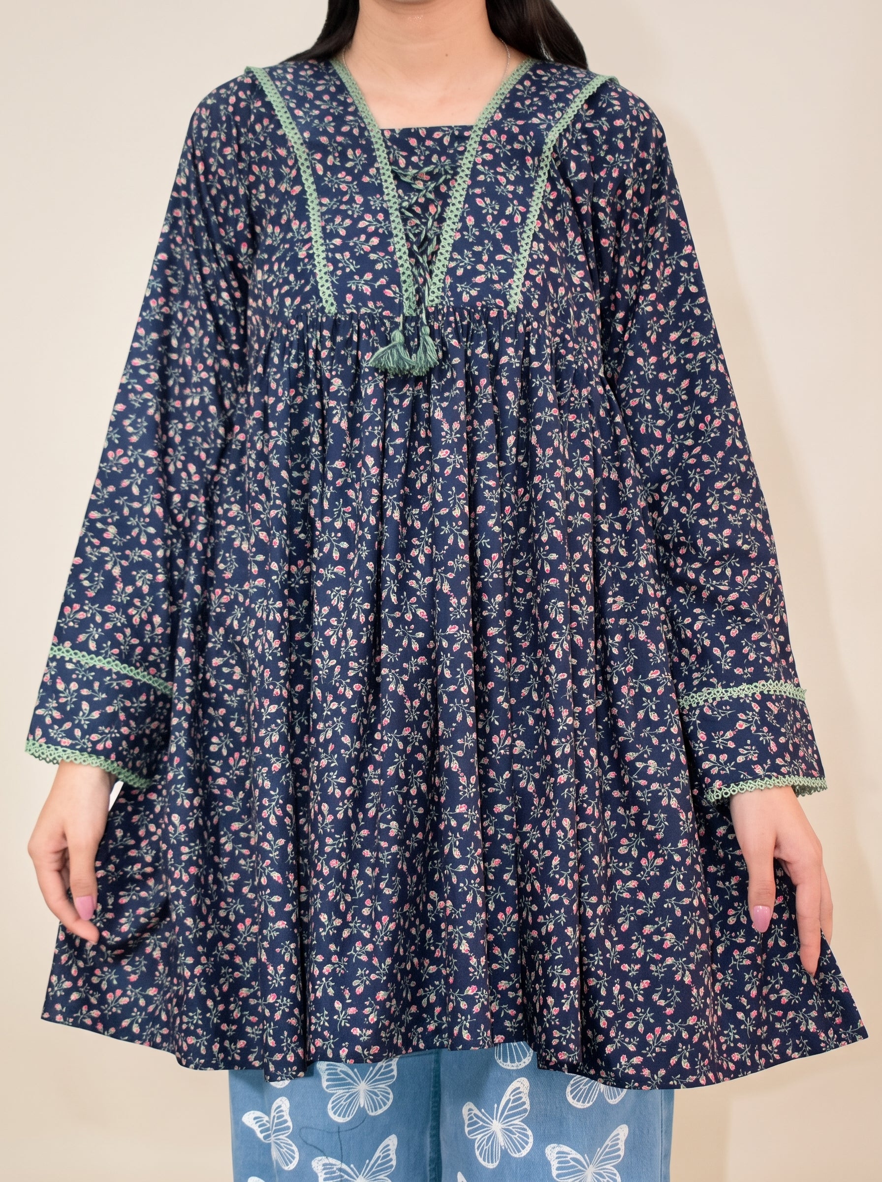 Navy Blue Ditsy Floral Printed Frock with Sage Green Lace Accents