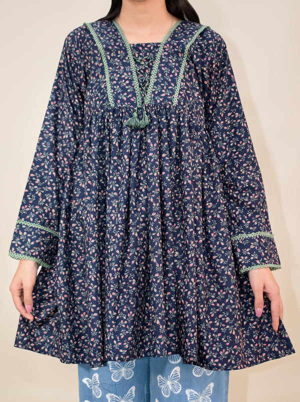 Navy Blue Ditsy Floral Printed Frock with Sage Green Lace Accents