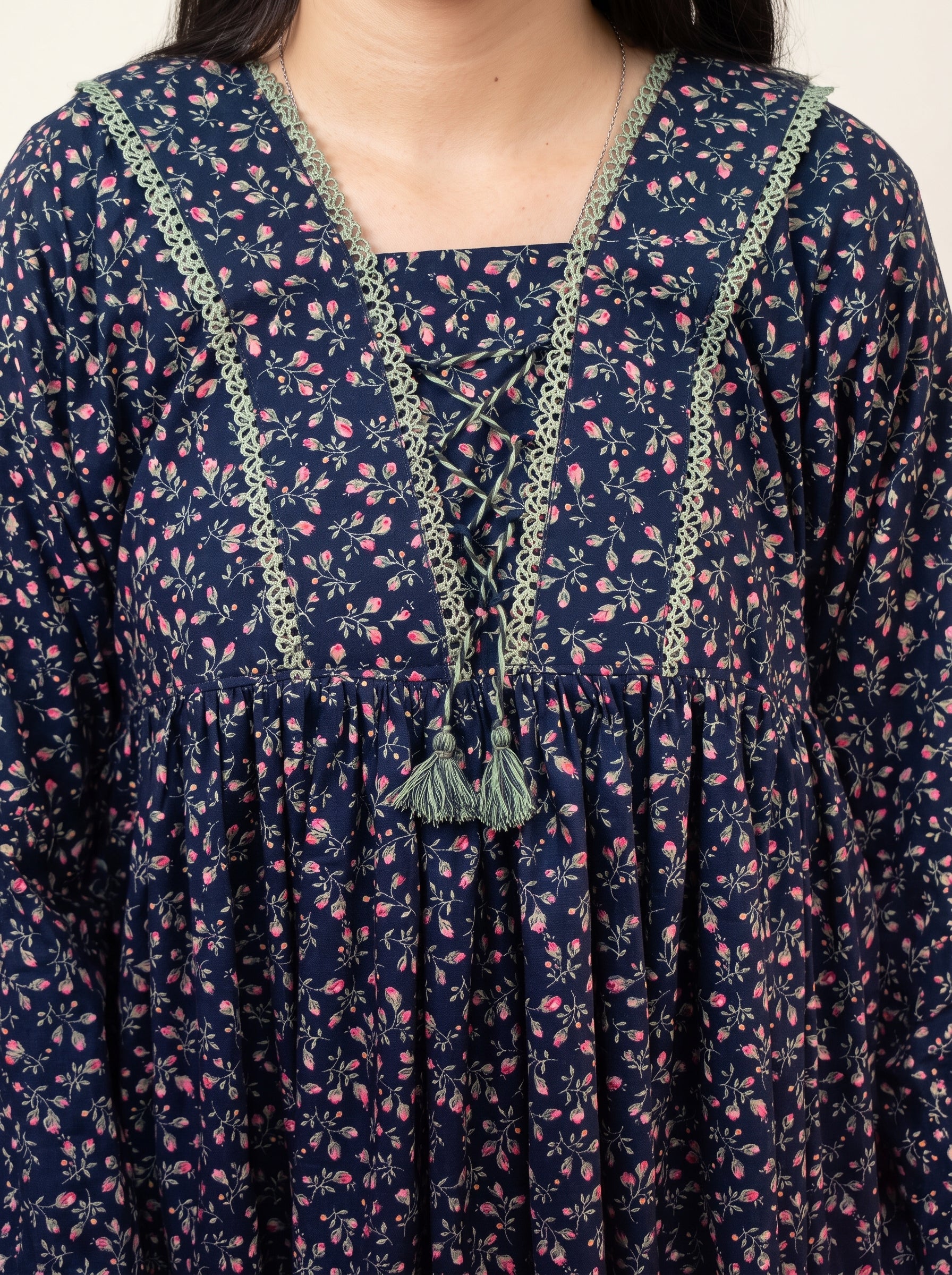 Navy Blue Ditsy Floral Printed Frock with Sage Green Lace Accents