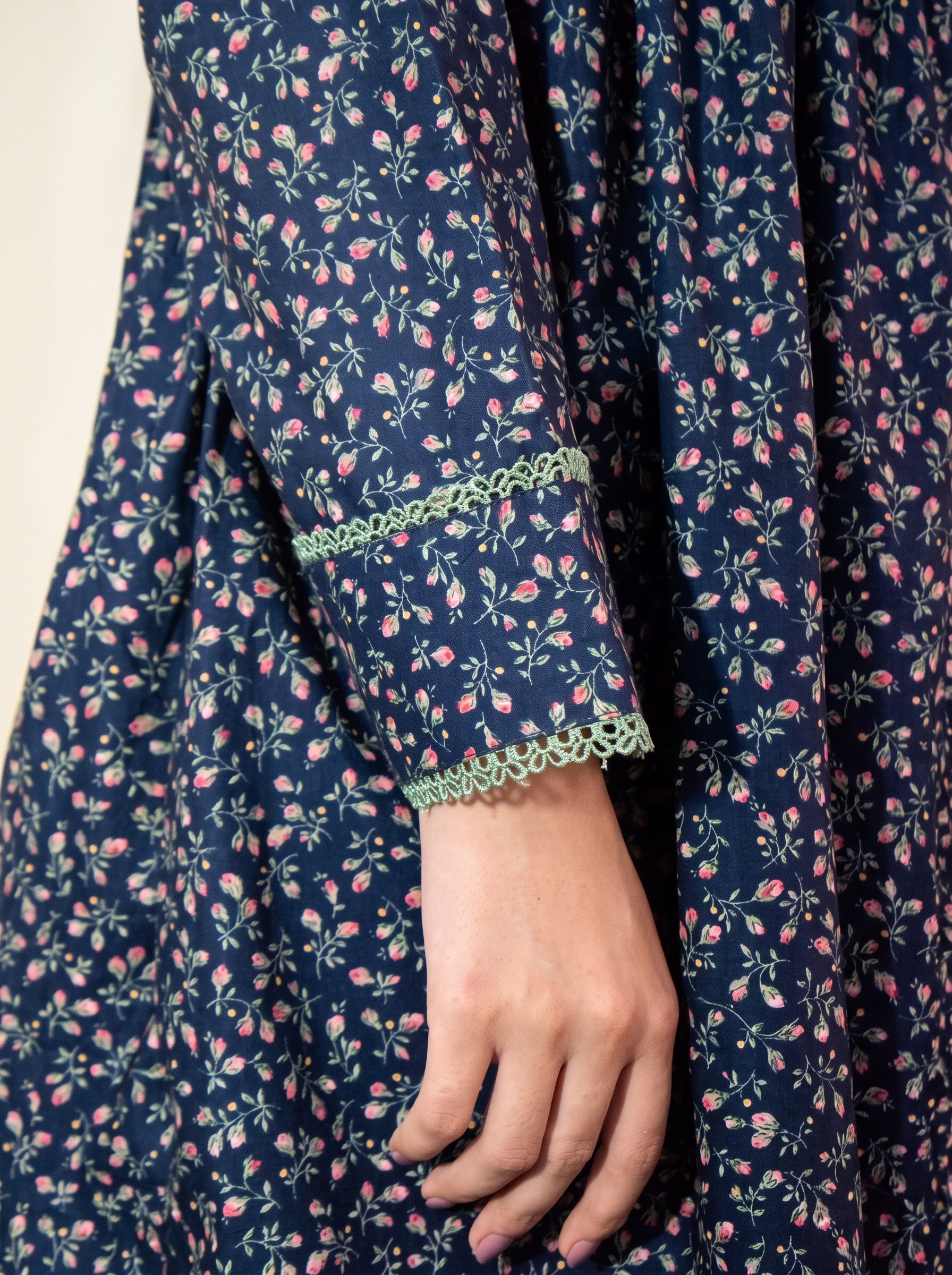 Navy Blue Ditsy Floral Printed Frock with Sage Green Lace Accents