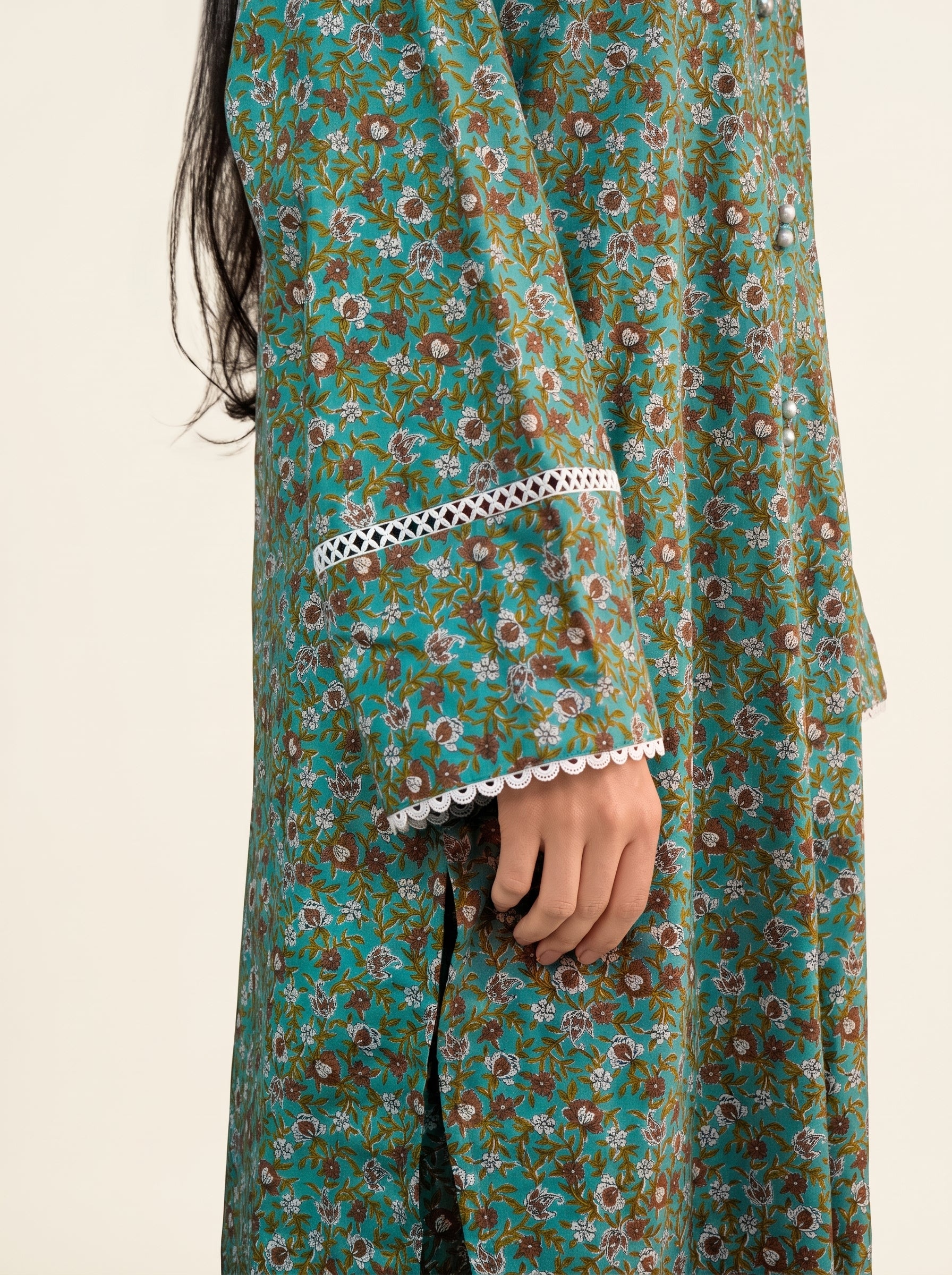Sage Green Floral Printed 2-Piece Kurti Trouser Suit