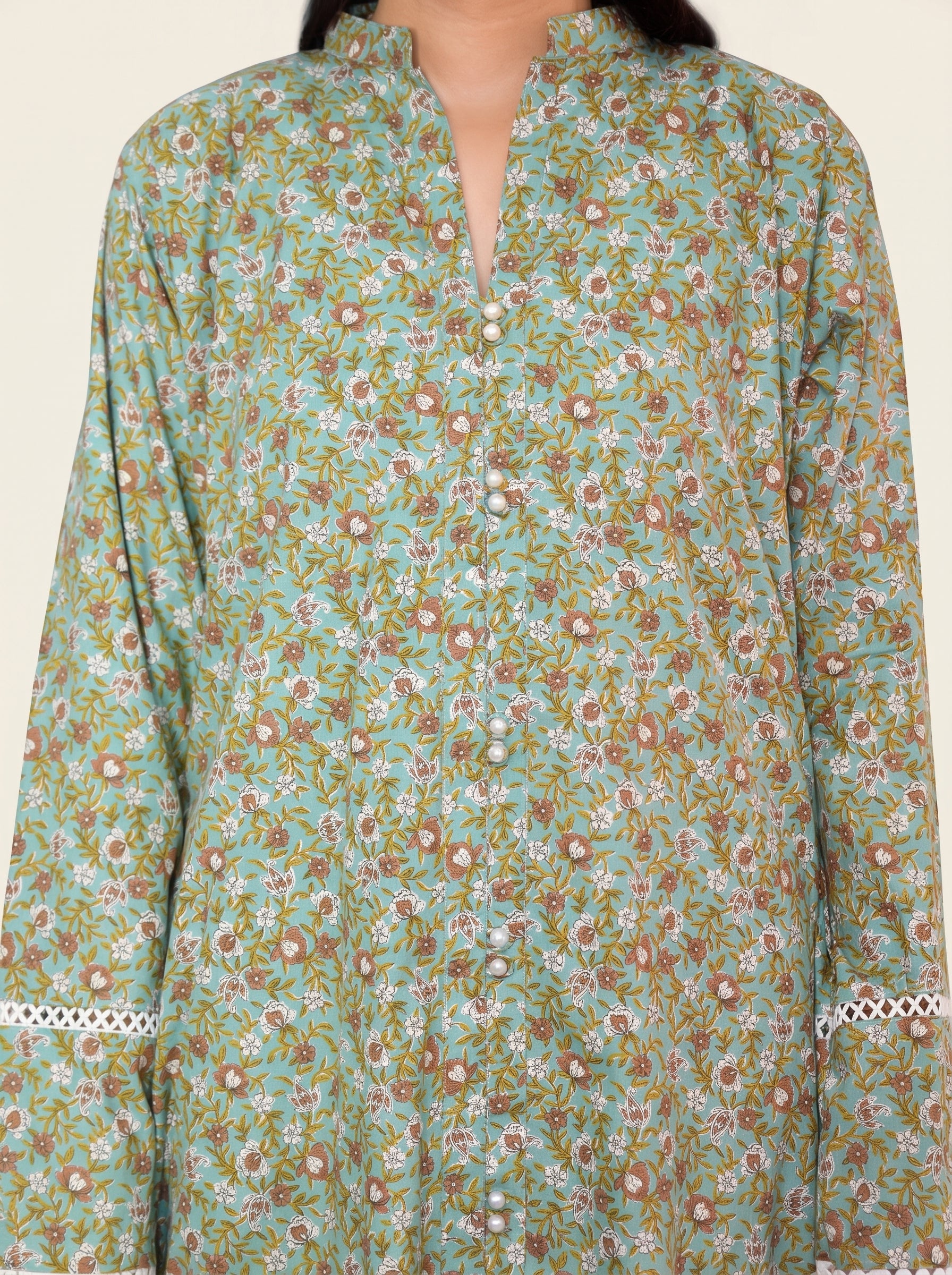 Sage Green Floral Printed 2-Piece Kurti Trouser Suit