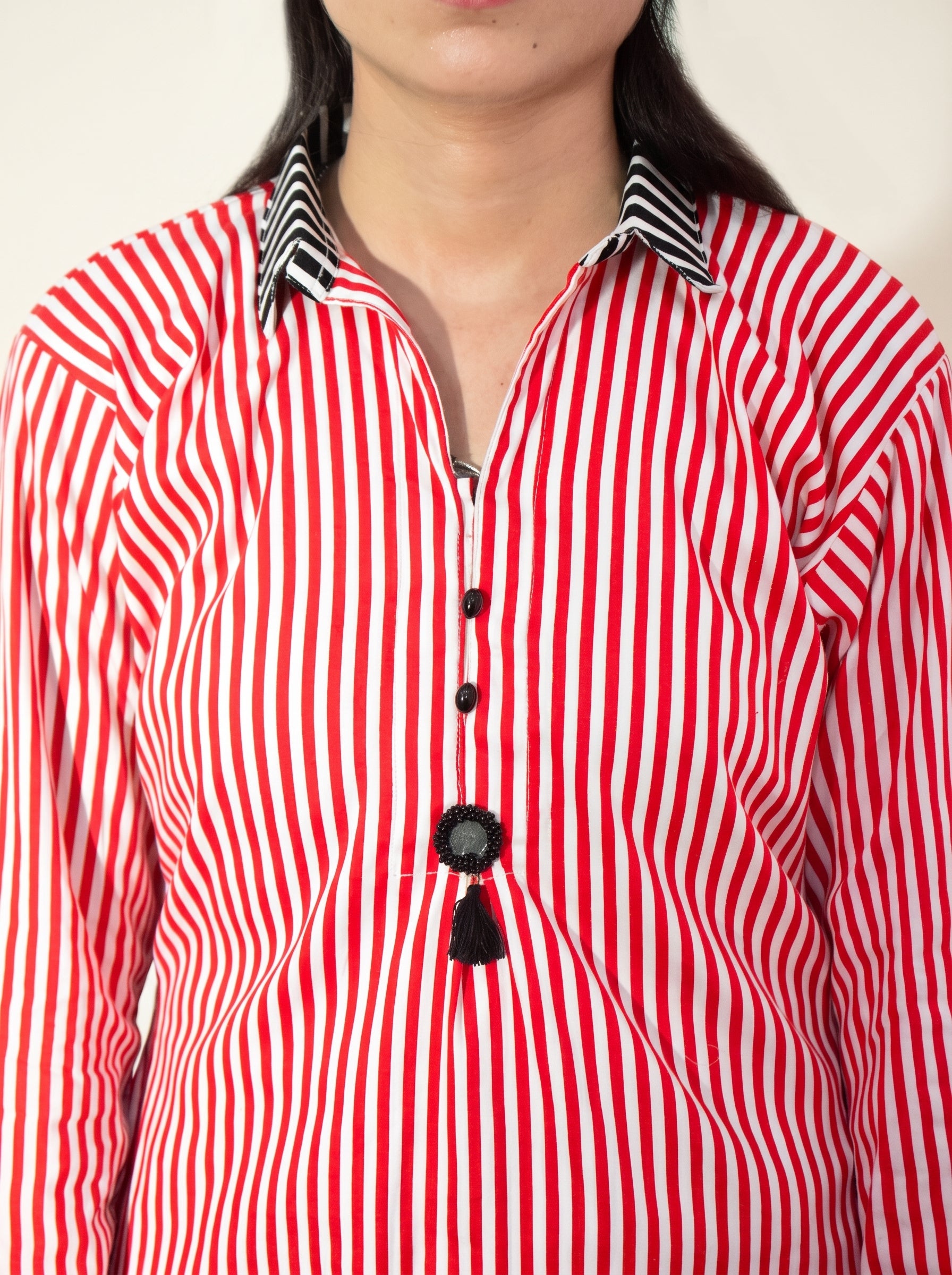 Red & Black Lining Printed 2-Piece Kurti Trouser Suit