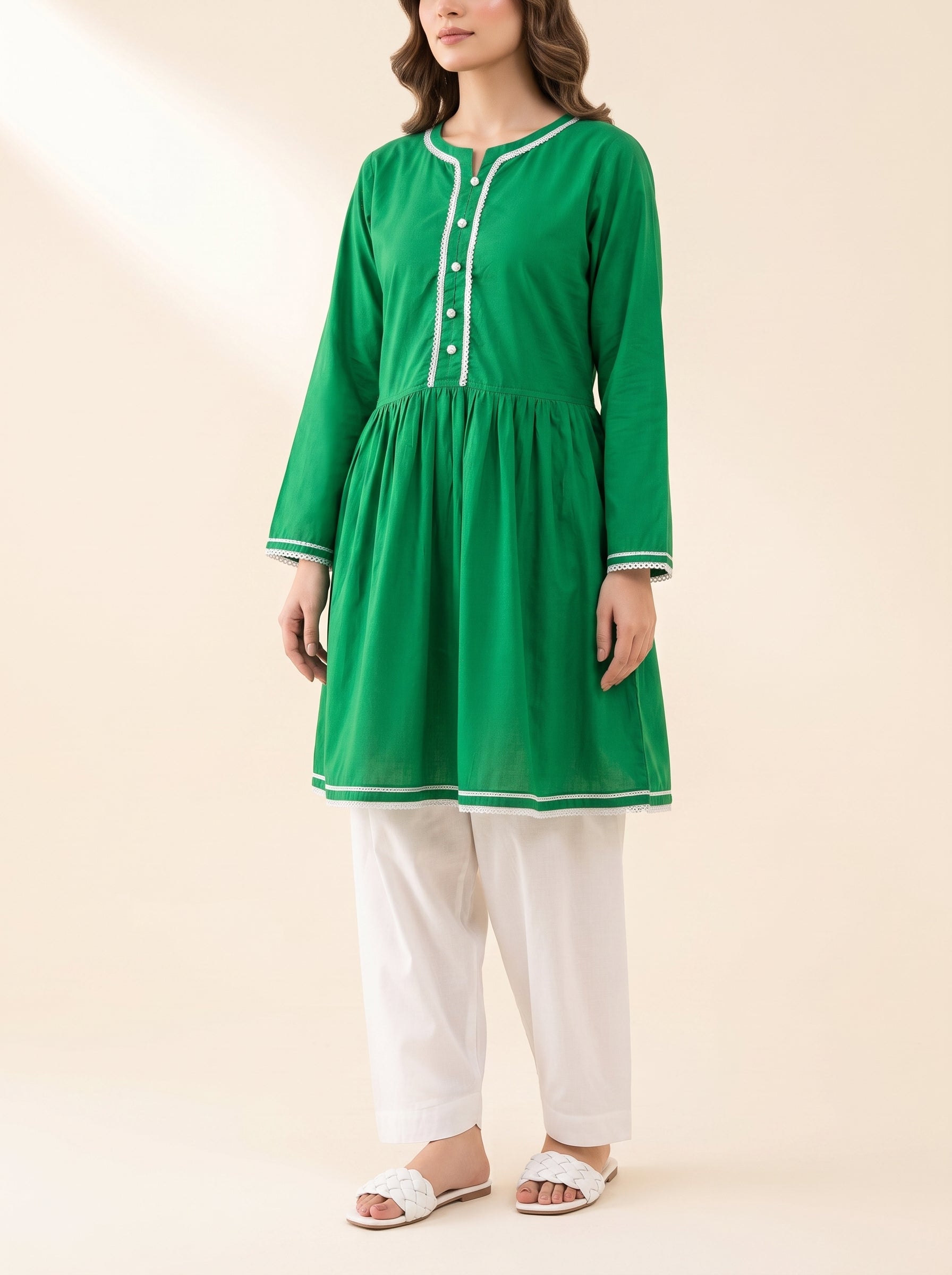 Casual Green Frock Tunic with Lace Details | Summer Wear