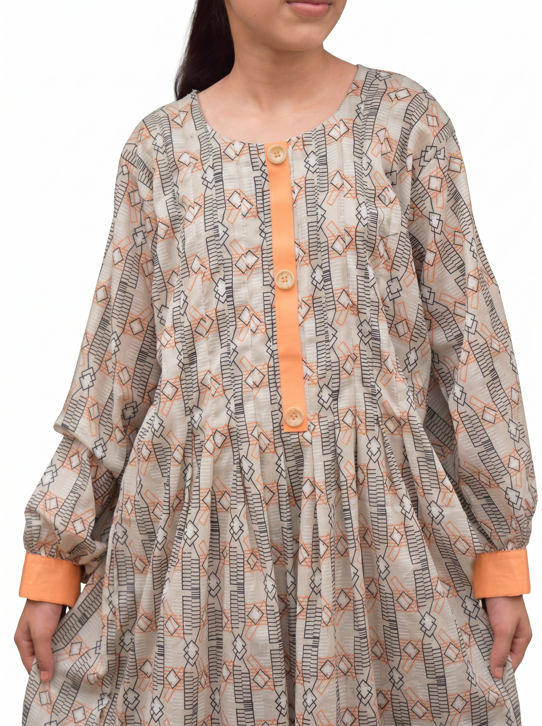 Printed Lawn 2-Piece Suit – Beige Geo Print with Orange Accents