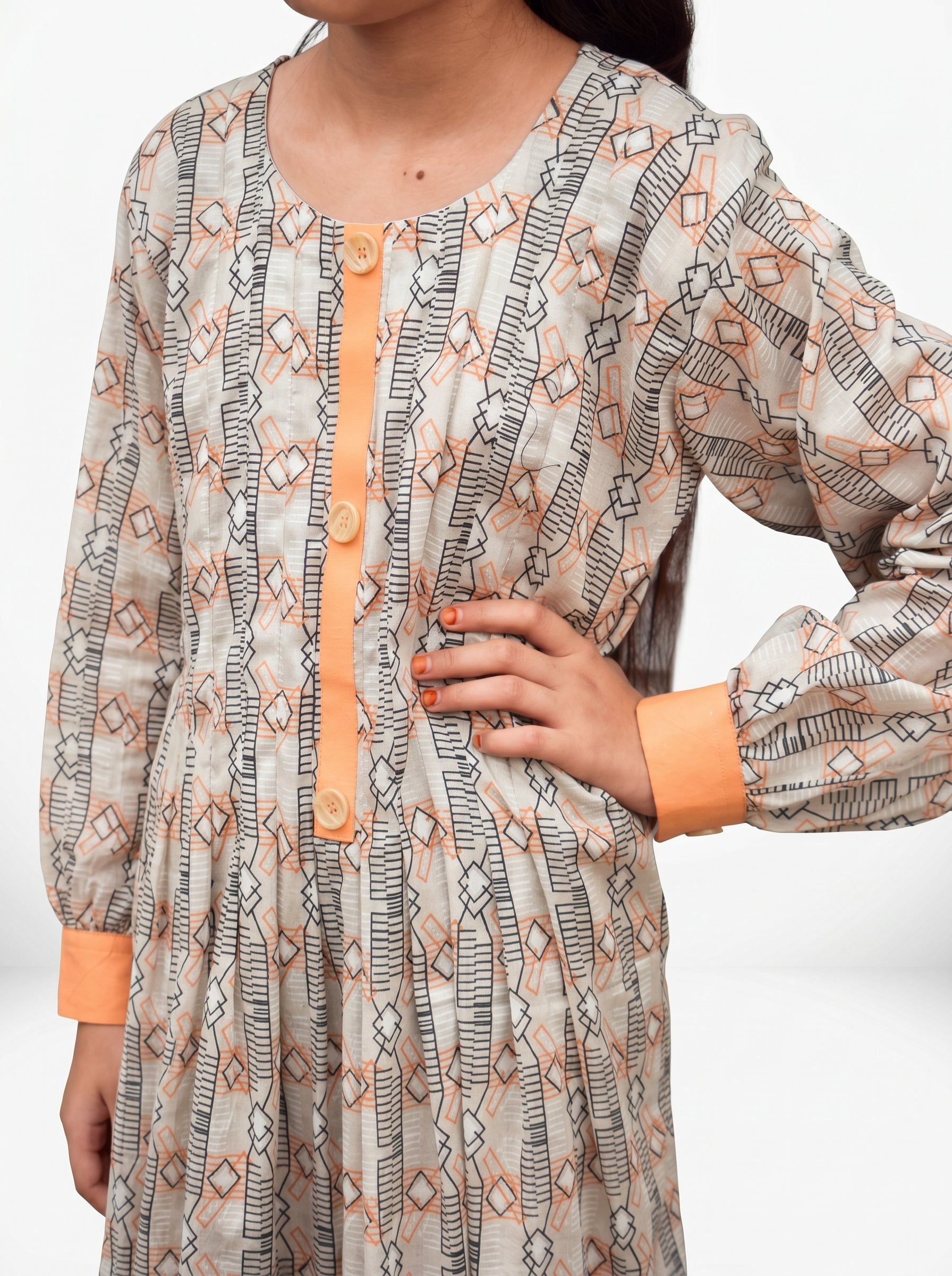 Printed Lawn 2-Piece Suit – Beige Geo Print with Orange Accents