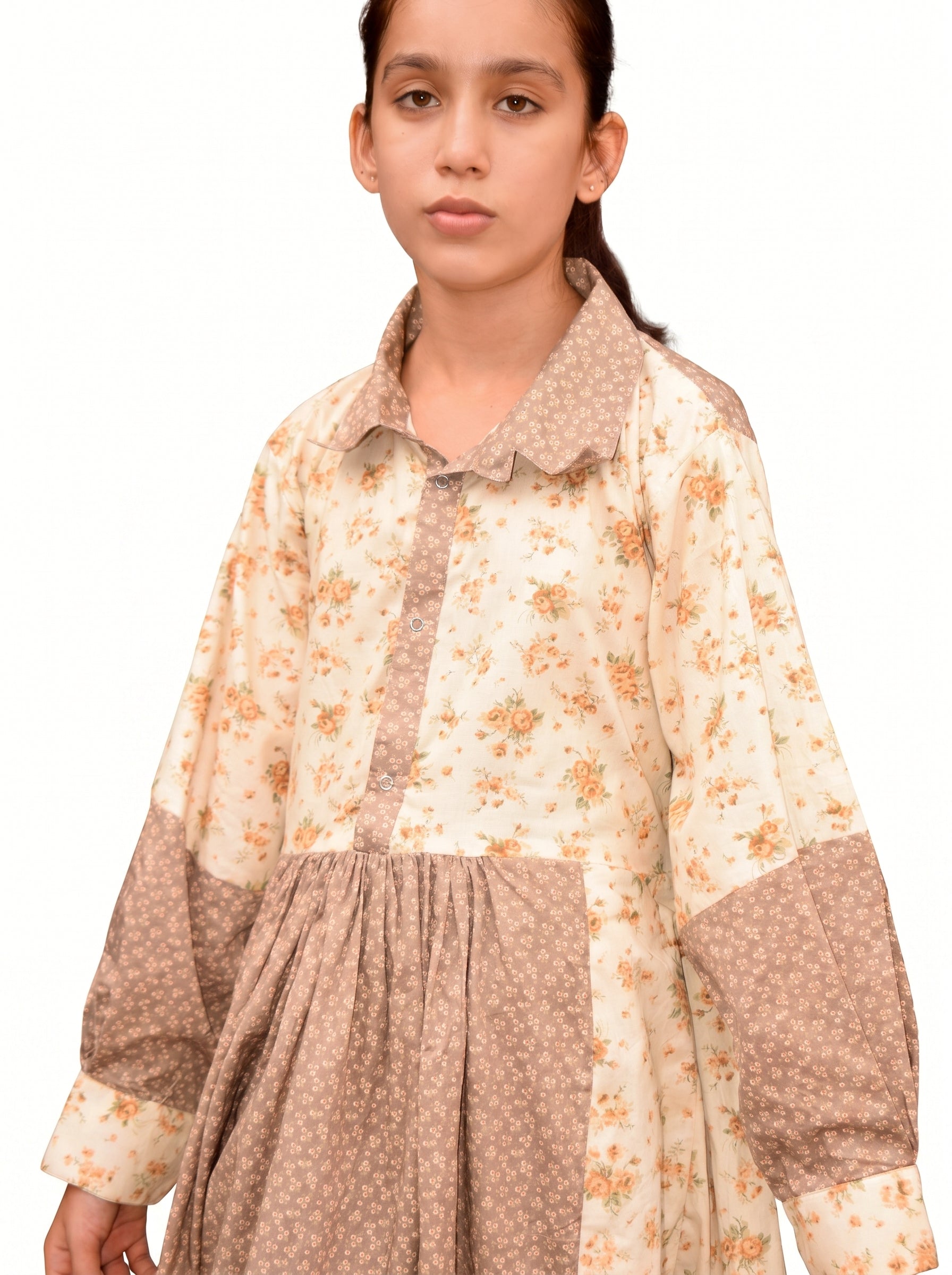 Printed Long Frock – Cream & Taupe Floral