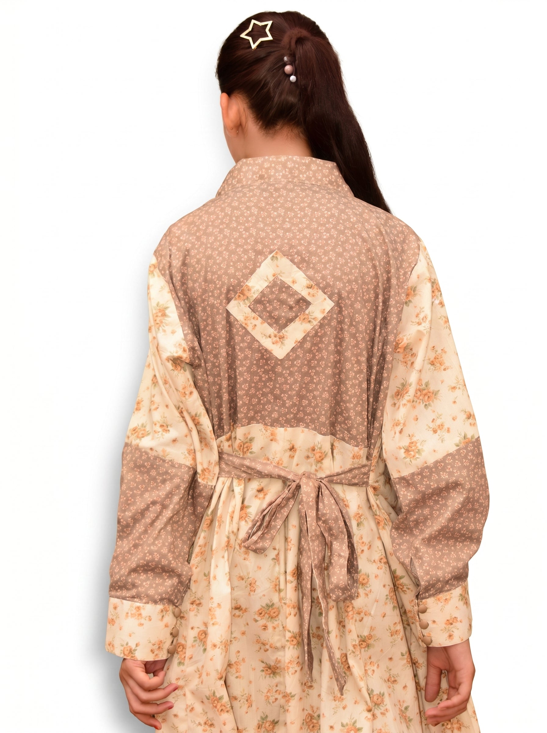 Printed Long Frock – Cream & Taupe Floral
