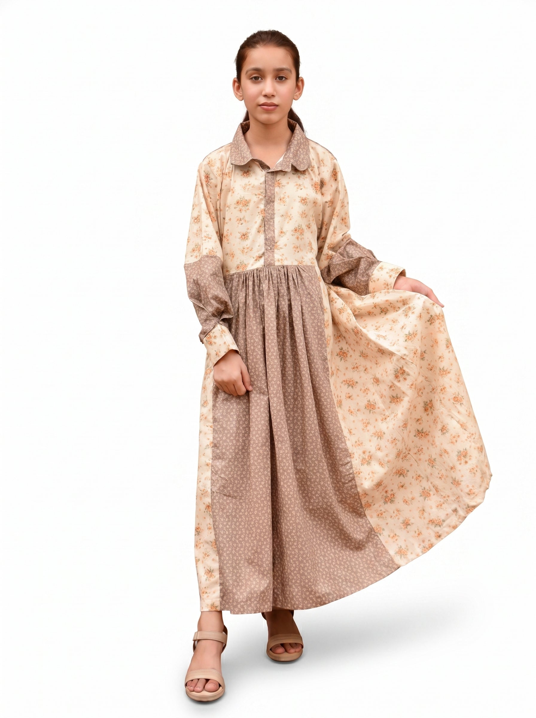 Printed Long Frock – Cream & Taupe Floral
