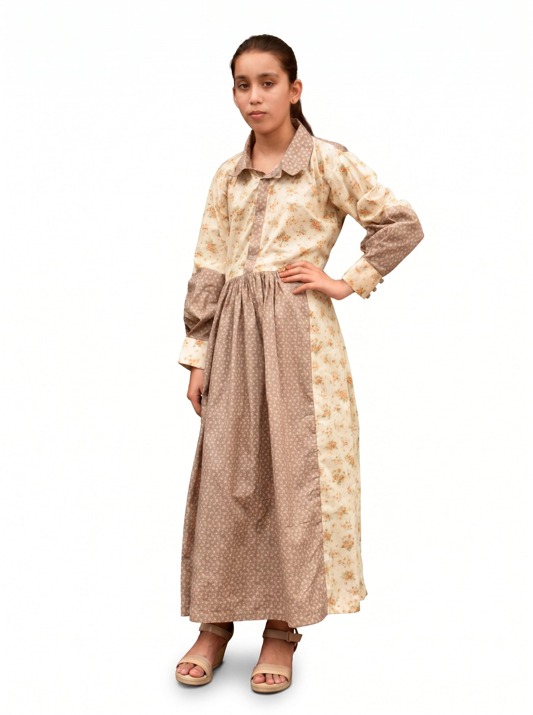 Printed Long Frock – Cream & Taupe Floral