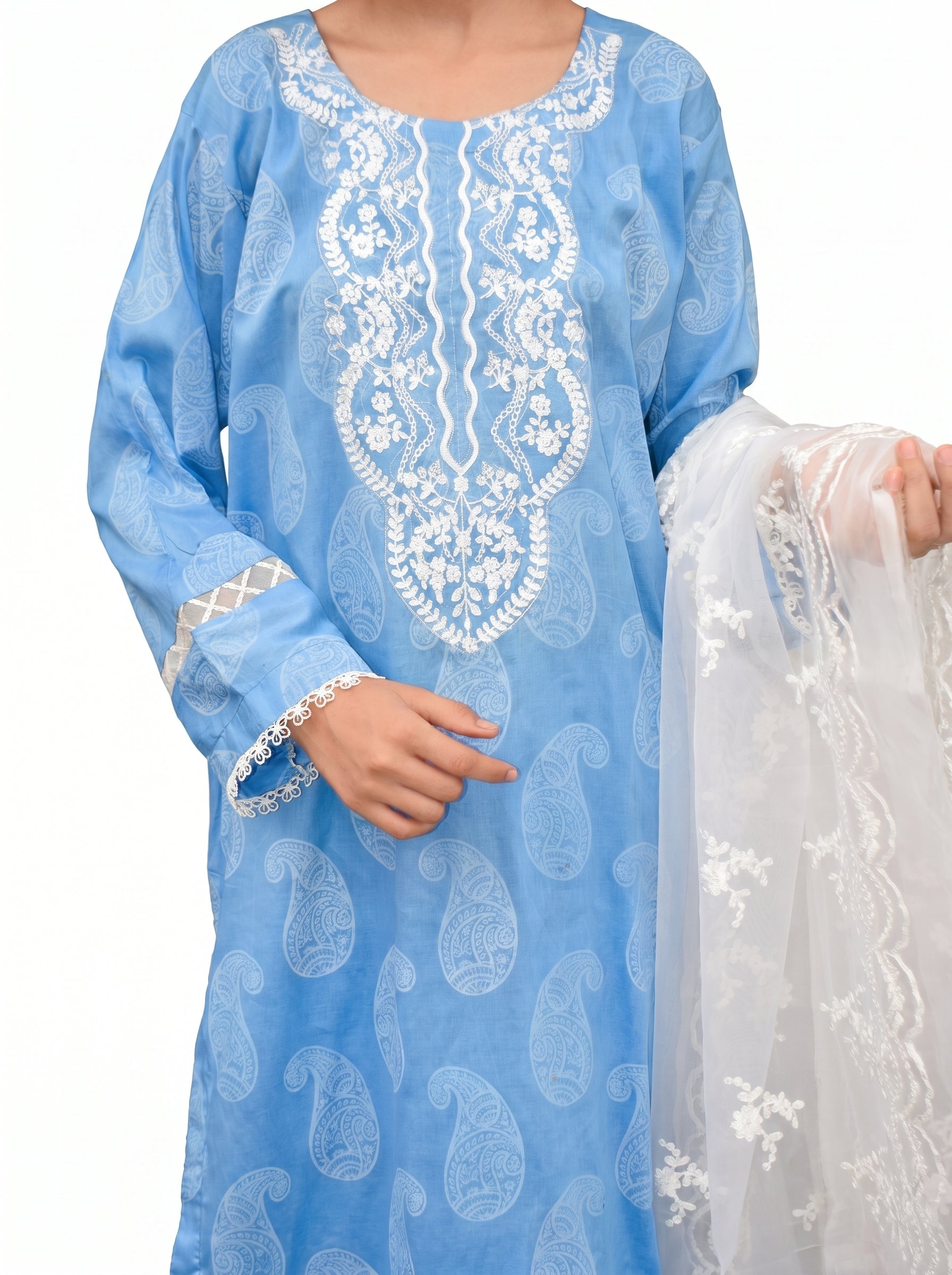 Sky Blue Paisley Embroidered 3-Piece Lawn Suit with Organza Dupatta