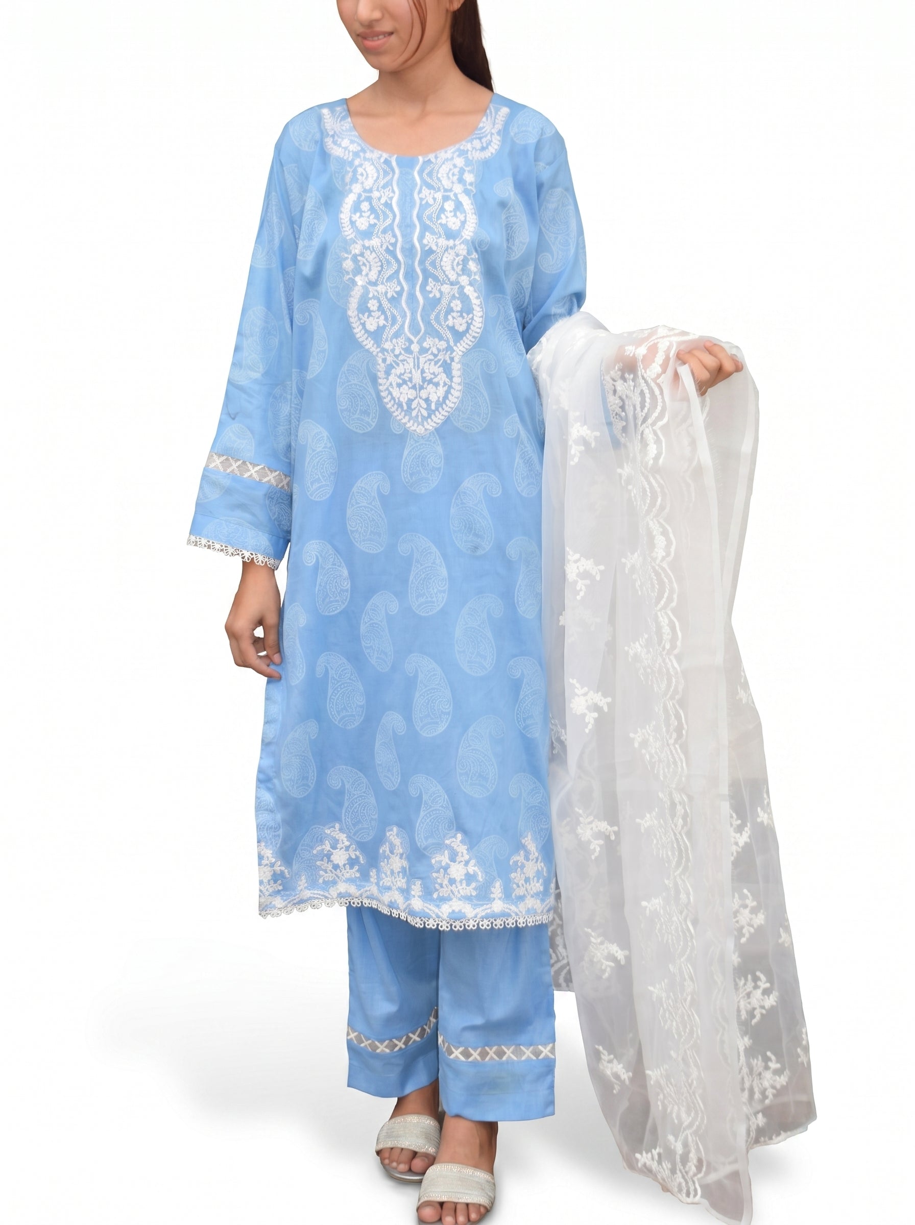 Sky Blue Paisley Embroidered 3-Piece Lawn Suit with Organza Dupatta