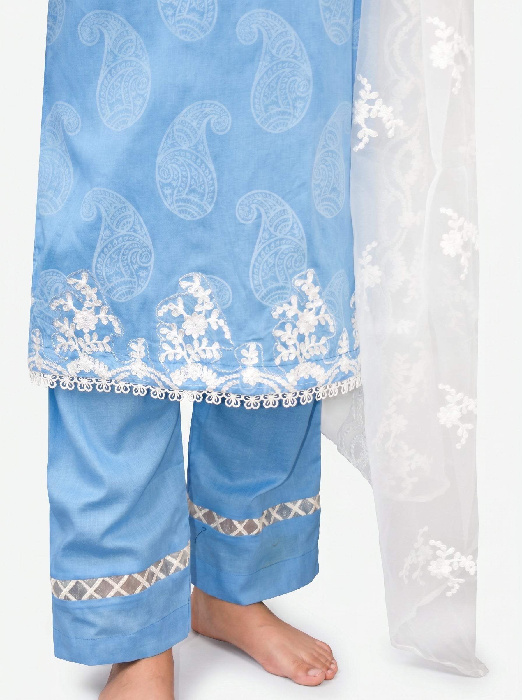 Sky Blue Paisley Embroidered 3-Piece Lawn Suit with Organza Dupatta