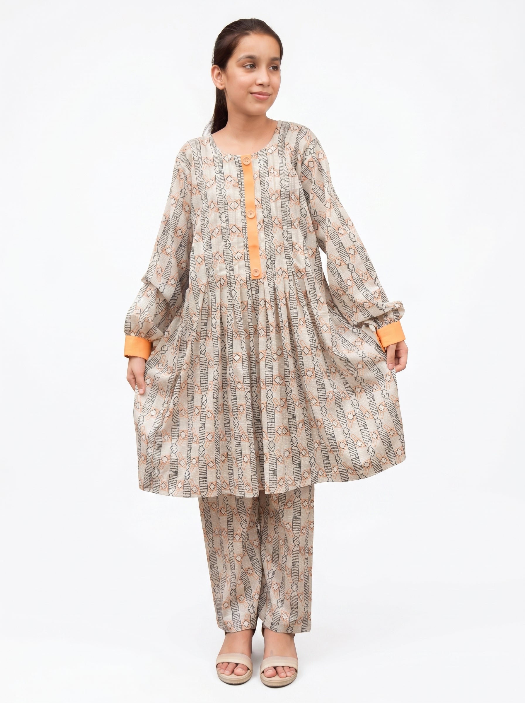 Printed Lawn 2-Piece Suit – Beige Geo Print with Orange Accents