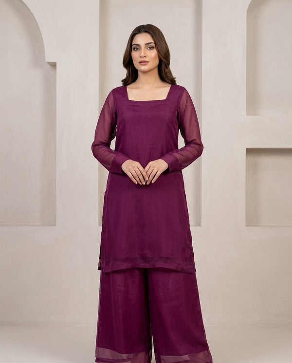 Plum Chiffon Corset-Back Co-Ord 3 pc Set