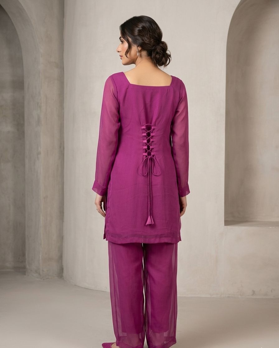 Plum Chiffon Corset-Back Co-Ord 3 pc Set