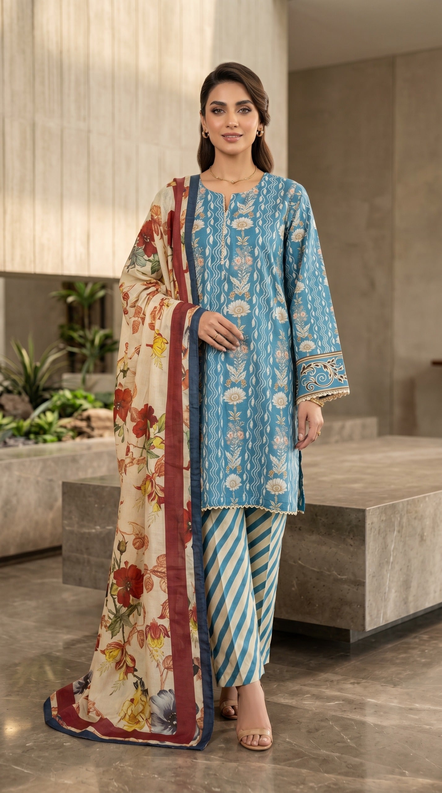 Ocean Blue Floral Print 3-Piece Lawn Suit with Striped Trousers & Contrast Dupatta