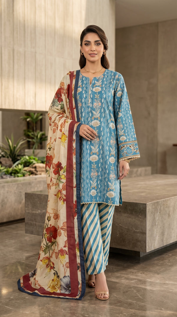 Ocean Blue Floral Print 3-Piece Lawn Suit with Striped Trousers & Contrast Dupatta