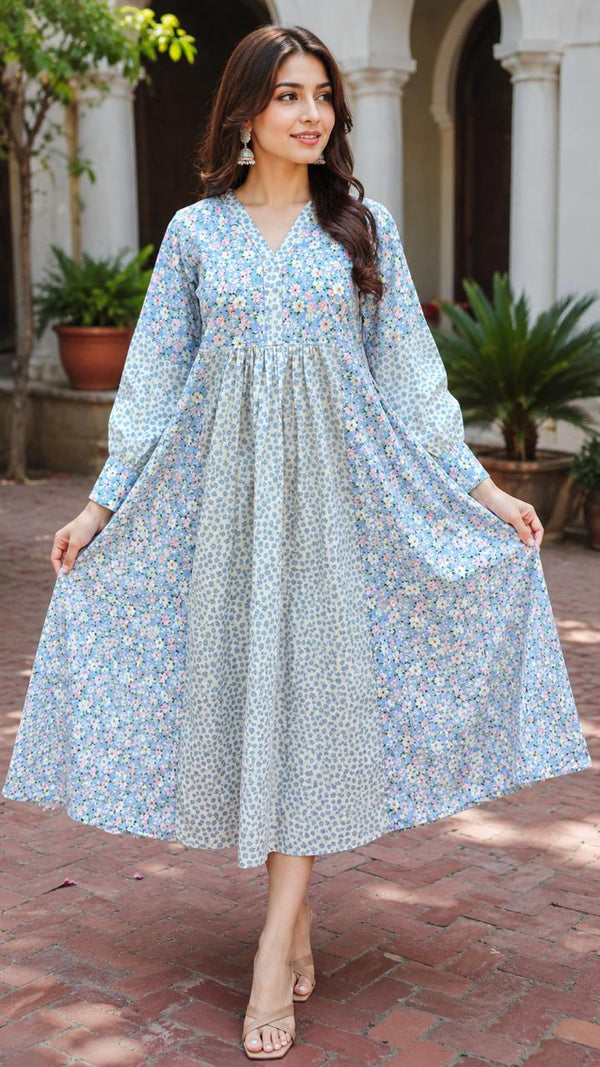 Serene Blue Mixed Floral Print Anarkali Frock – Pastel Summer Midi Dress