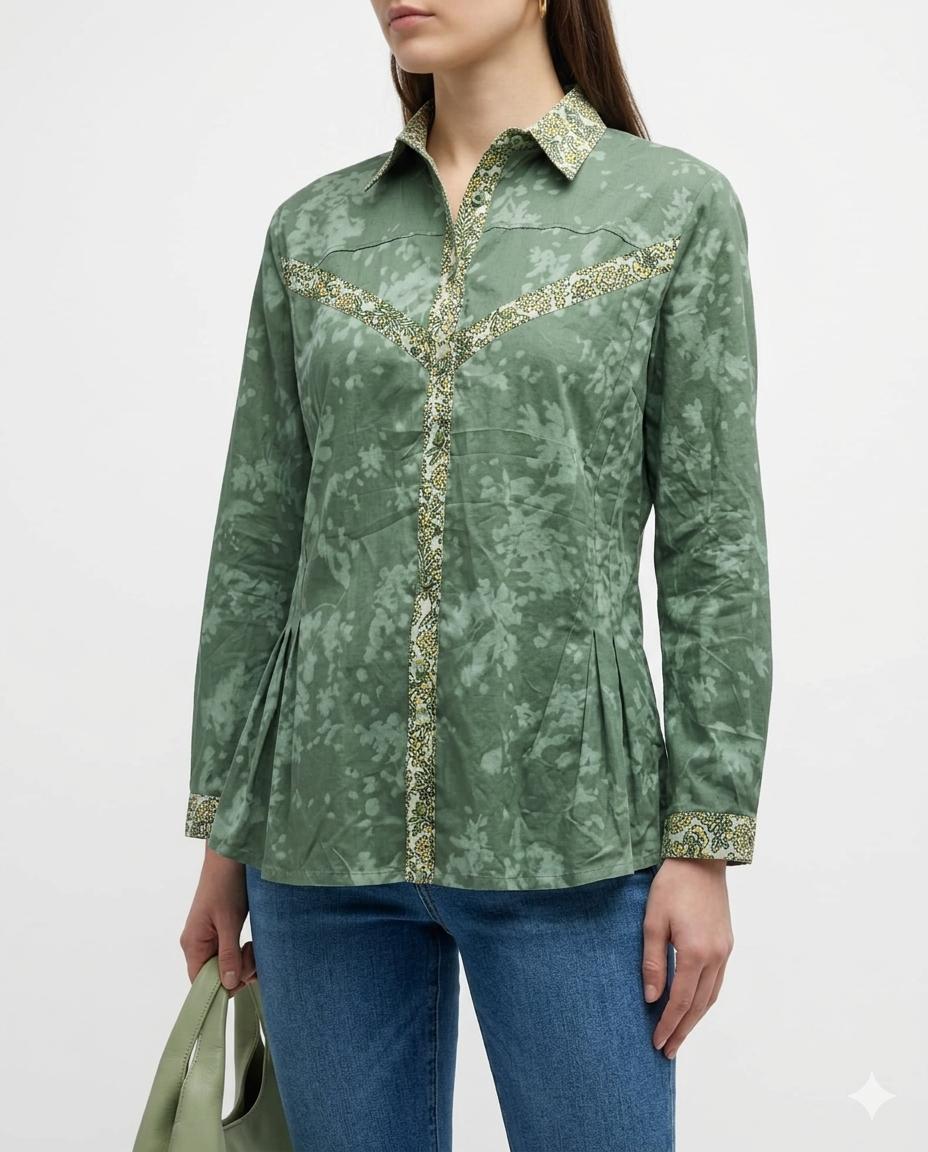 Sage Green Floral Western Button-Down Shirt