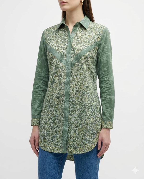 Willow Green Mixed-Media Floral Tunic shirt