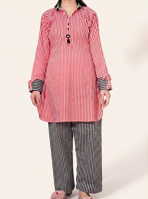 Red & Black Lining Printed 2-Piece Kurti Trouser Suit