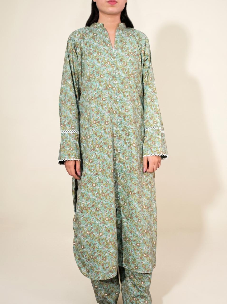 Sage Green Floral Printed 2-Piece Kurti Trouser Suit