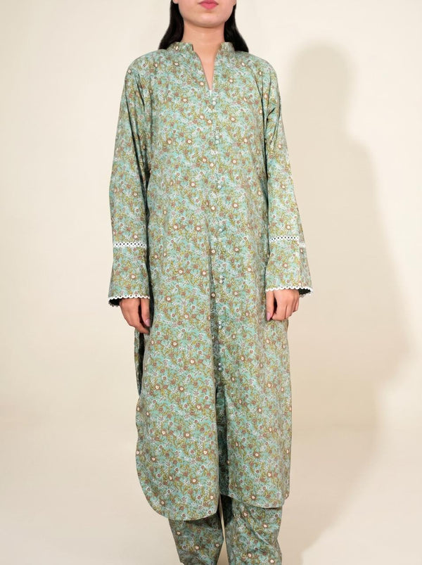 Sage Green Floral Printed 2-Piece Kurti Trouser Suit