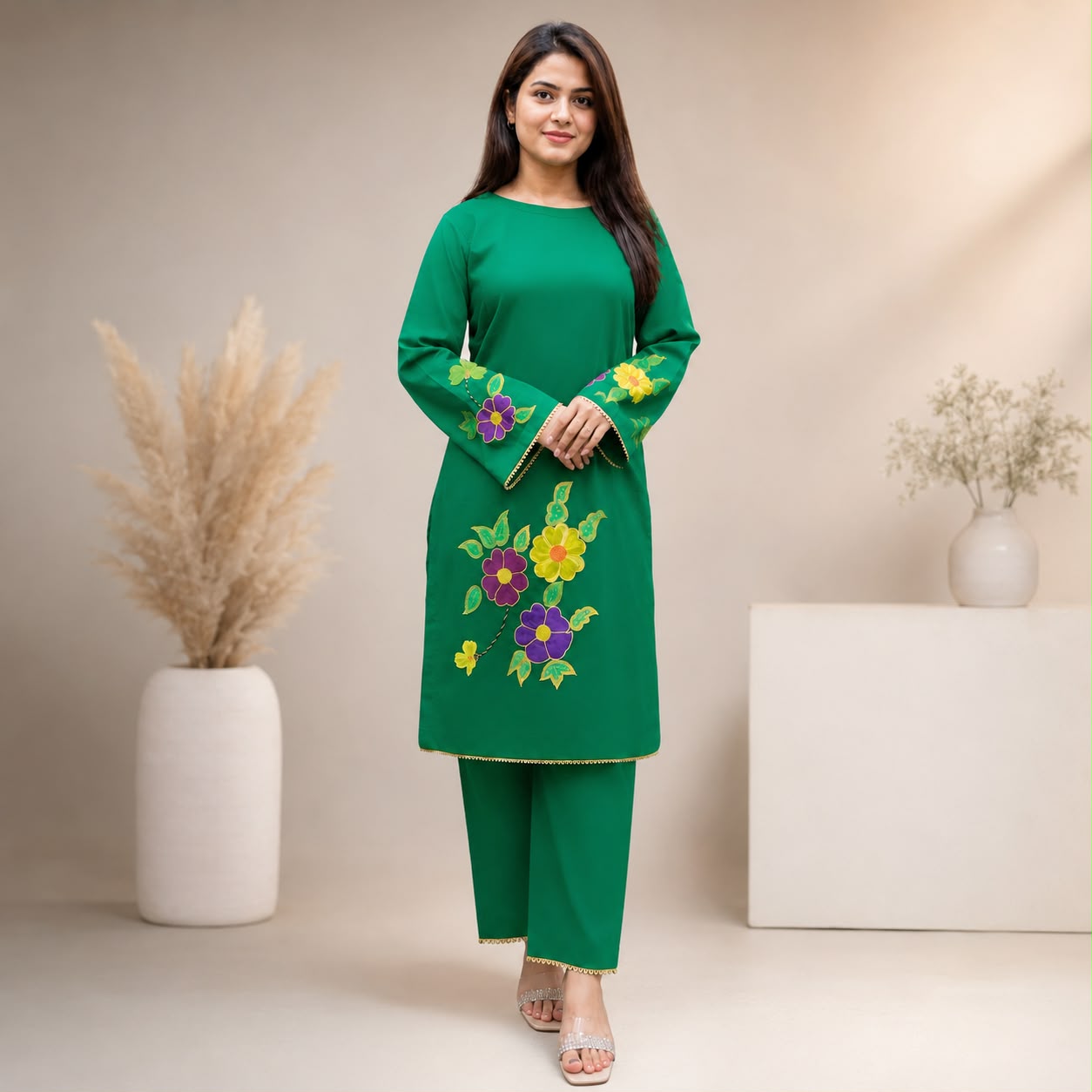 Emerald Bloom Hand-Painted Co-Ord Set
