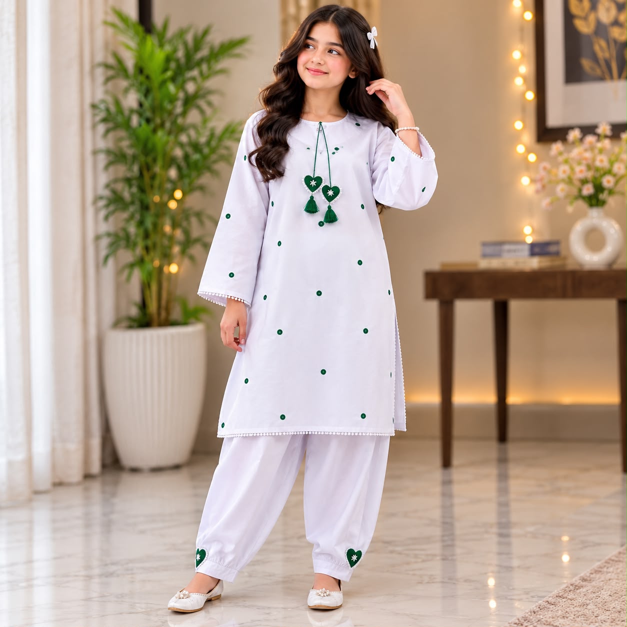 White & Green Mirror Work Kids Co-Ord Set – Premium Pakistani Girls Dress