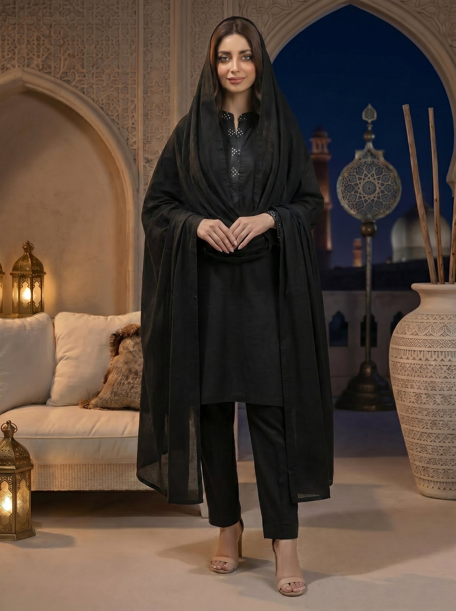 Midnight Minimalist – Plain Black 3-Piece Lawn Suit with Printed Accents