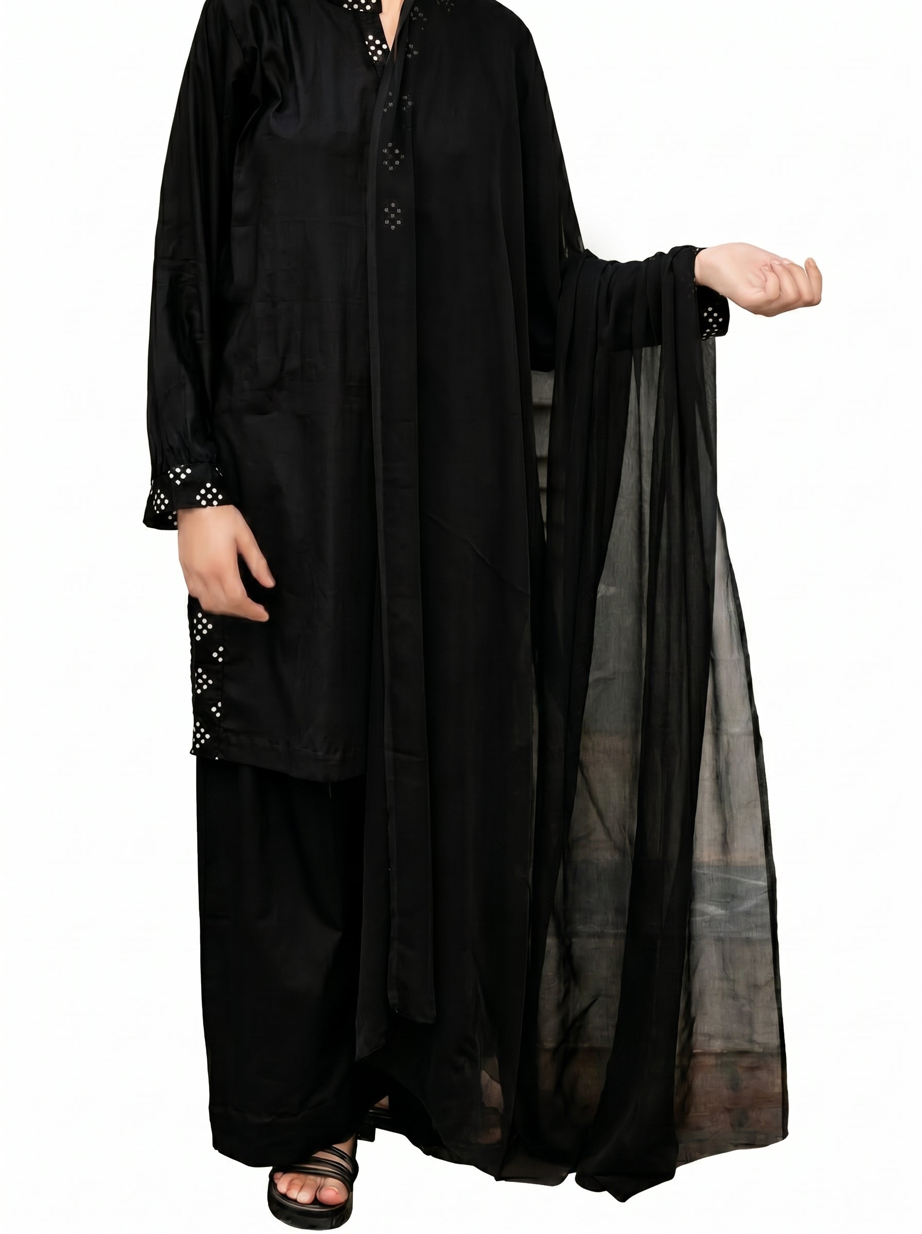 Midnight Minimalist – Plain Black 3-Piece Lawn Suit with Printed Accents